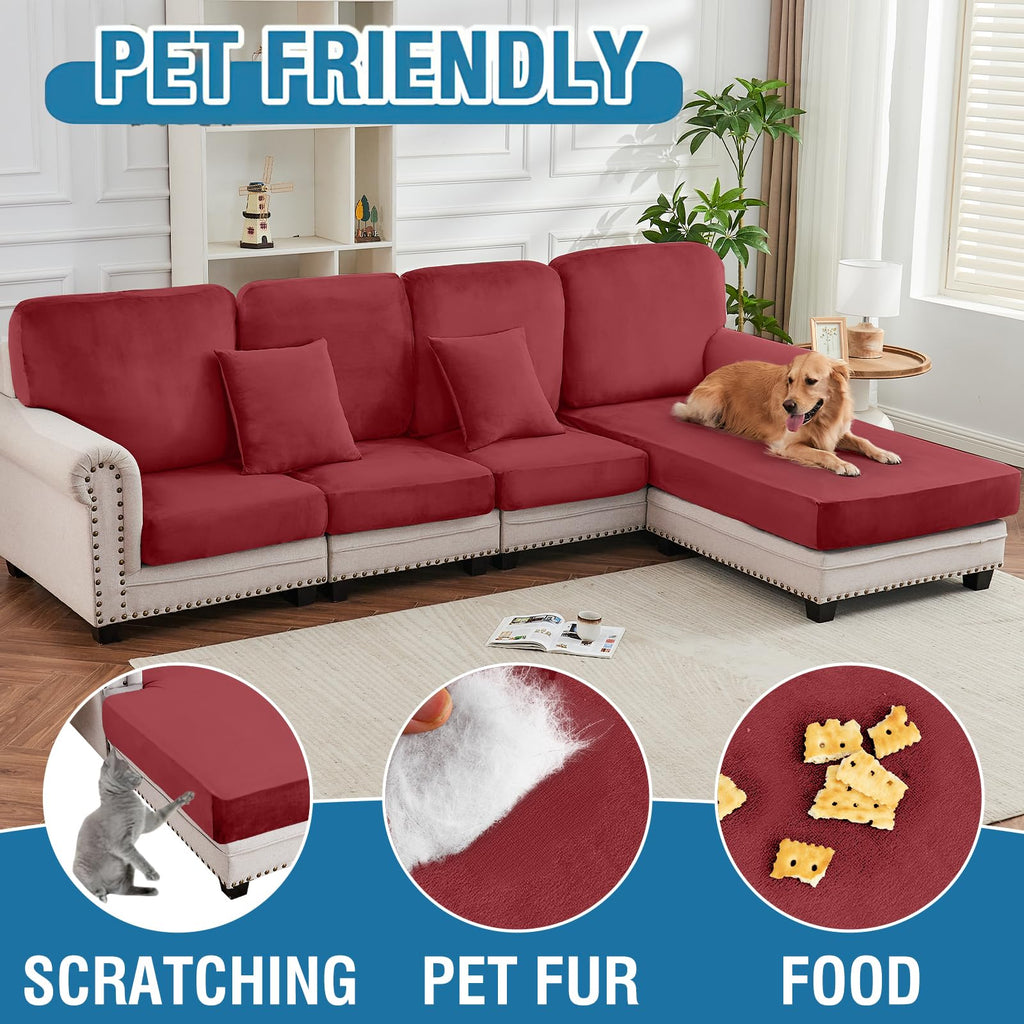 Taque Couch Cover 3-Piece Elastic Velvet Couch Cushion Covers & Chaise Slipcovers for L-Shaped Sofas, Sofa Seat Covers Washable, Soft Cover for Couches (2 Seater + Chaise, Christmas Red)