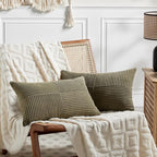 Fancy Homi 2 Packs Olive Green Long Lumbar Decorative Throw Pillow Covers 12x24 Inch for Couch Bed Sofa, Rustic Farmhouse Boho Home Decor, Soft Striped Corduroy Rectangle Accent Cushion Case 30x60 cm