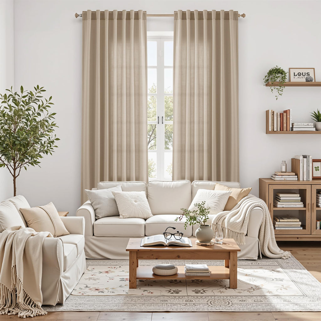 Sepia Beige Linen Curtains 102 Inches Long for Living Room Rustic Farmhouse Decor Light Filtering Semi Sheer Curtain Back Tab Neutral Modern Luxury Drapes for Bedroom Office 52x102, 2 Panels