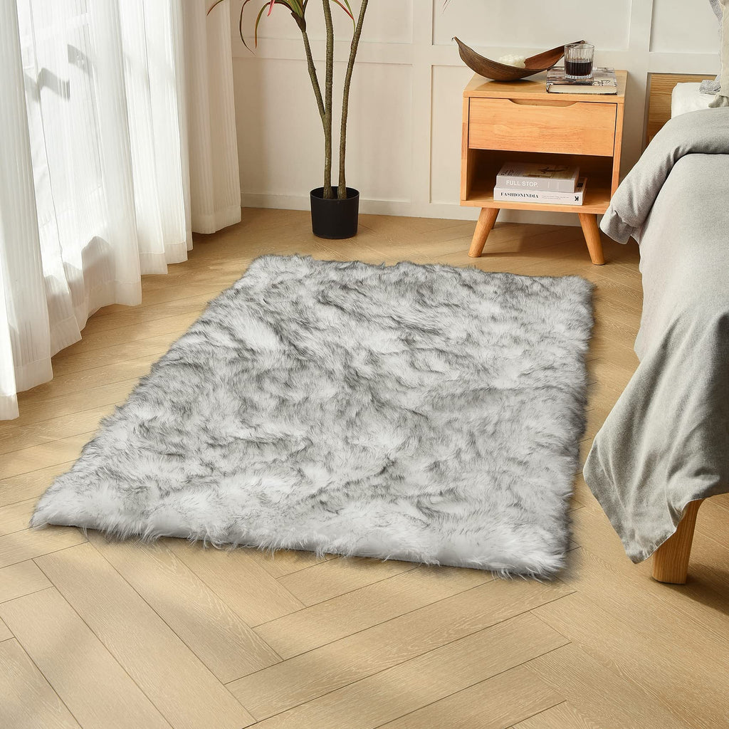 duduta White Black Faux Sheepskin Fur Rug 3x5 ft, Fluffy Carpet Rug