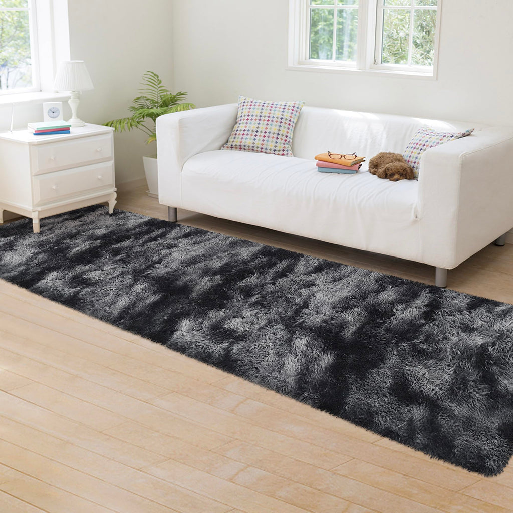 JiaoBaba Tie-Dyed Runner Rug for Bedroom Black Grey 2x8ft Fluffy Area Rug Bedside Runner Rug for Kids Room Boys Teens Nursery Baby Living Room Dorm Home Decor Carpets