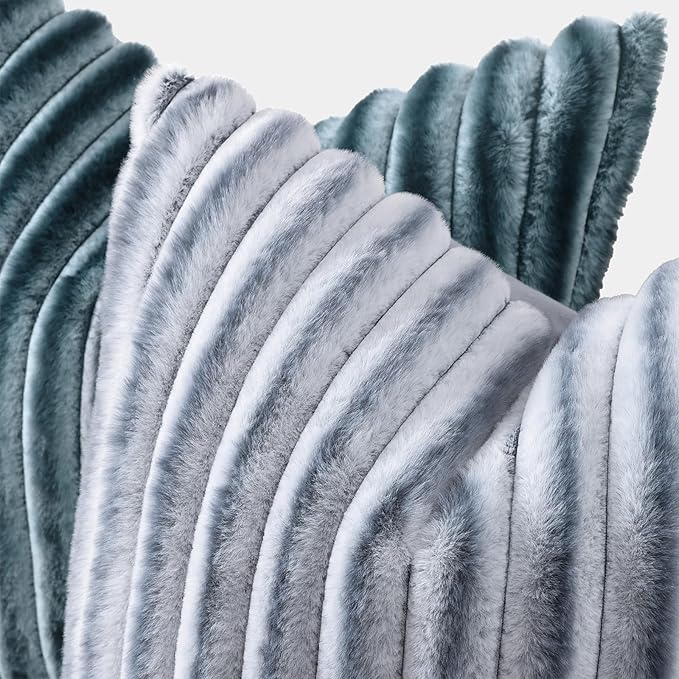 decorUhome Cozy Faux Fur Throw Pillow Covers 16x16 Set of 2 Decorative Soft Plush Striped Modern Farmhouse Boho Couch Pillow Cases with Velvet Back for Sofa Bed Living Room, Grey White