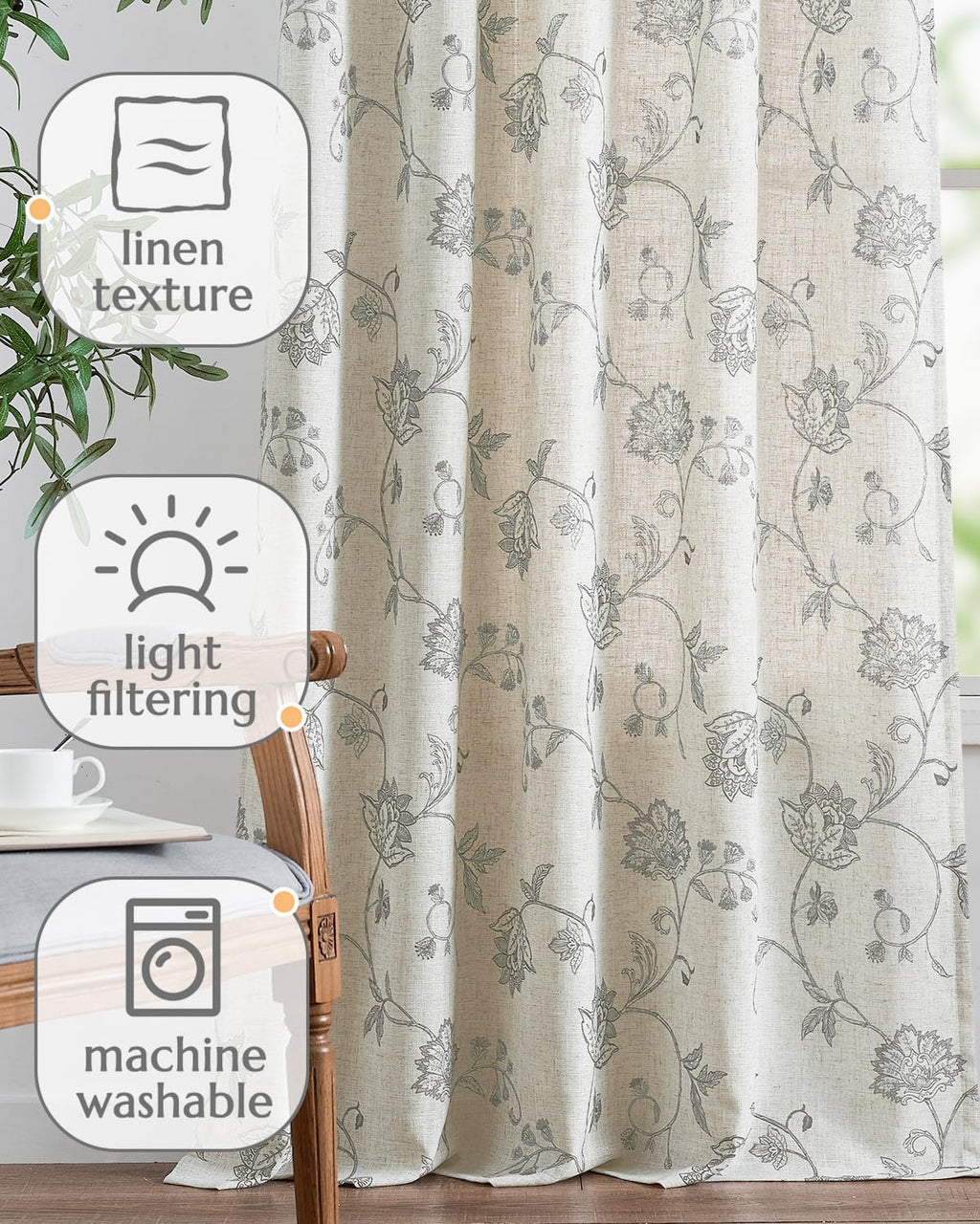 jinchan Linen Curtains Floral Curtains 96 Inch Length for Living Room Bedroom Light Filtering Rod Pocket Back Tab Jacobean Curtains Flax Linen Texture Window Drapes Set 2 Panels Dark Grey on Linen