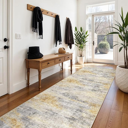3x10 Runner Rug Washable Abstract: Non Slip Hallway Floor Mat Grey/Yellow