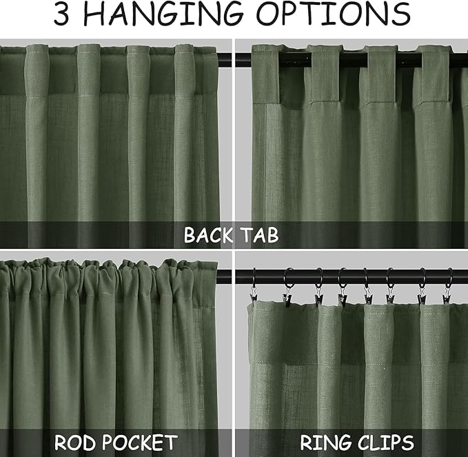 Nanspring Linen Kitchen Curtains 30 Inches Long 2 Panels Olive Green Semi Sheer Short Curtain Back Tab Rod Pocket Solid Privacy Cafe Tier Curtains for Cafe Bathroom Basement 36x30