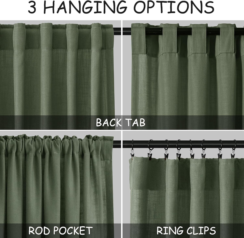 Nanspring Linen Kitchen Curtains 30 Inches Long 2 Panels Olive Green Semi Sheer Short Curtain Back Tab Rod Pocket Solid Privacy Cafe Tier Curtains for Cafe Bathroom Basement 36x30