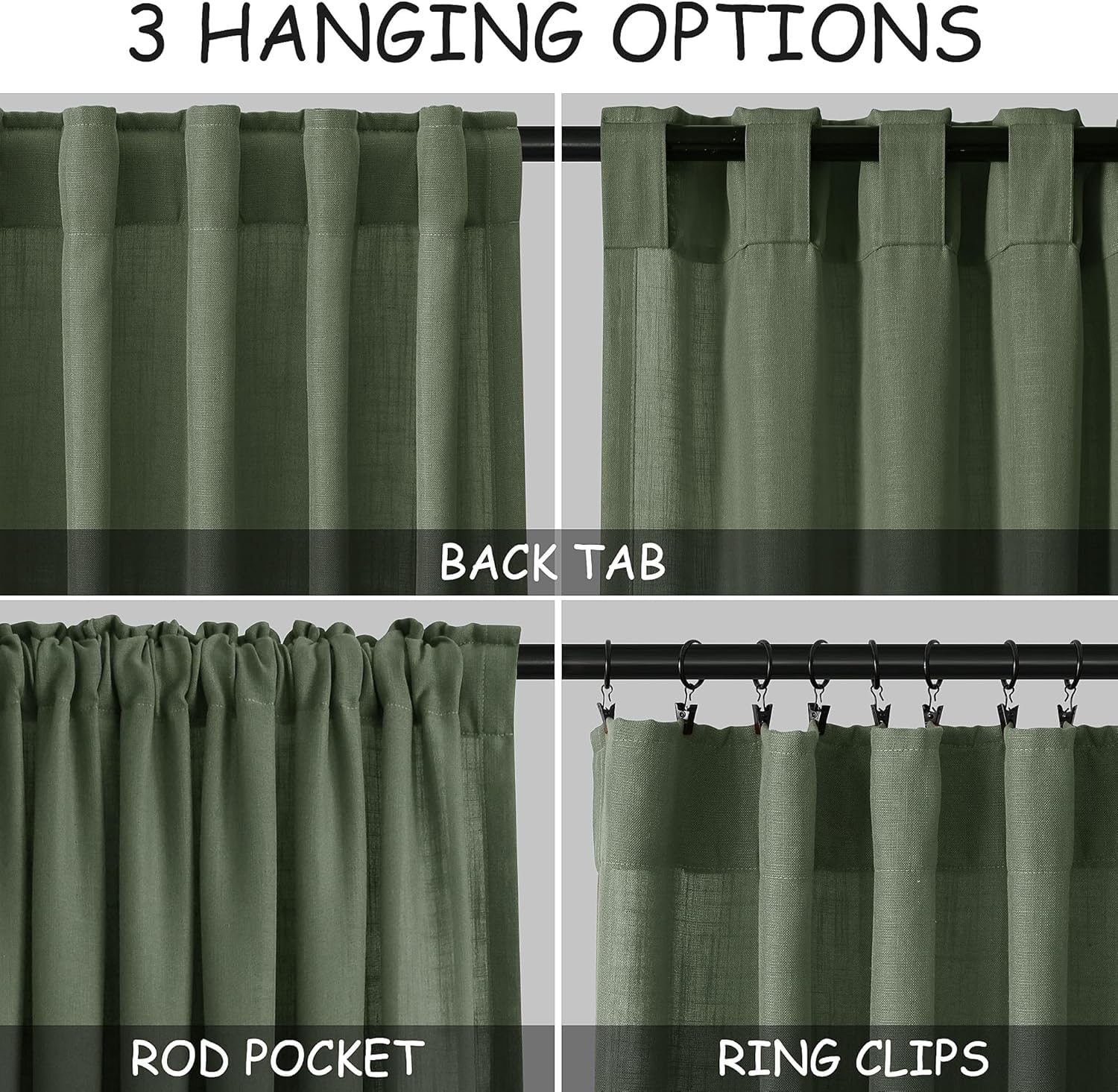 Nanspring Linen Kitchen Curtains 30 Inches Long 2 Panels Olive Green Semi Sheer Short Curtain Back Tab Rod Pocket Solid Privacy Cafe Tier Curtains for Cafe Bathroom Basement 36x30