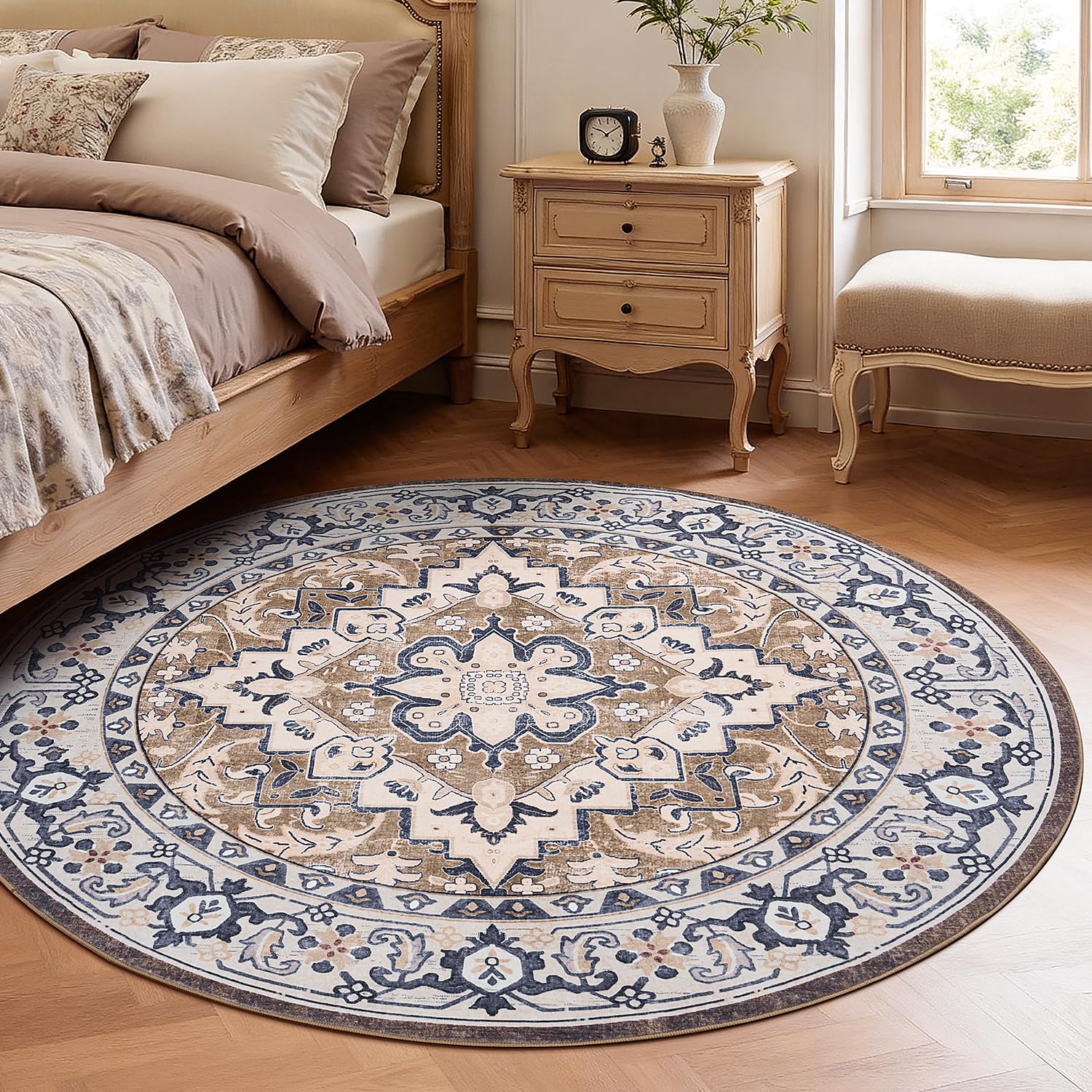Lofus 4ft Round Area Rugs for Living Room, Vintage Boho Carpet Floral Brown