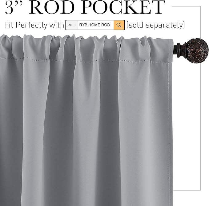 RYB HOME Basement Bathroom Kitchen Cafe Blackout Privacy Curtains, Short Insulating Light UV Heat Blocking Privacy Curtain Tiers for Laundry Room, Width 34 by Length 30, Silver Grey, 2 Panels