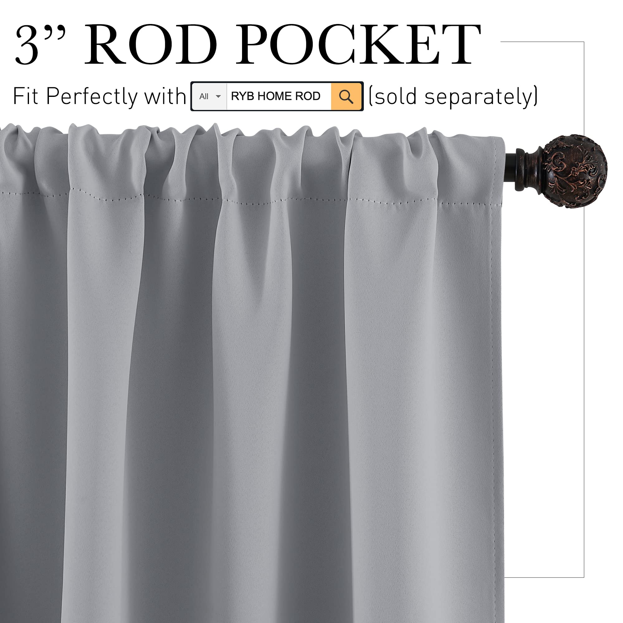 RYB HOME Short Silver Grey Blackout Curtains for Small Bedroom Window Cafe