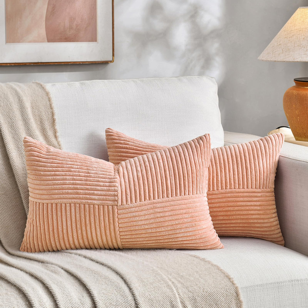 Fancy Homi 2 Packs Blush Pink Long Lumbar Decorative Throw Pillow Covers 12x24 Inch for Couch Bed Sofa, Rustic Farmhouse Boho Home Decor, Soft Striped Corduroy Rectangle Accent Cushion Case 30x60 cm