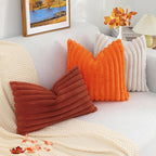 decorUhome Cozy Faux Fur Throw Pillow Covers 16x16 Set of 2 Decorative Soft Plush Striped Modern Farmhouse Boho Couch Pillow Cases with Velvet Back for Sofa Bed Living Room, Rust