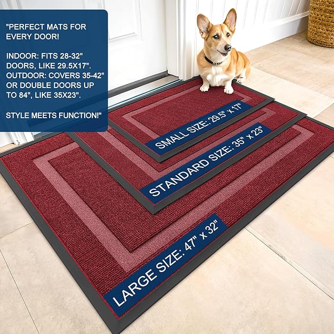 OLANLY Front Door Mat Indoor Outdoor Entrance, Waterproof All-Season, All-Weather Doormat, Sturdy Natural Rubber, Fade Resistant, Low Profile, Easy Clean Patio Porch Entryway Mat, 33x21, Wine Red