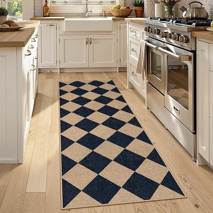 Lahome Checkered Easy Jute Non Slip Runner Rug, 2x6 Kitchen Runner Rug Washable Outdoor Rug for Entryway Indoor, Checkerboard Black Indoor Outdoor Carpet for Hallway 6ft Entry Front Door