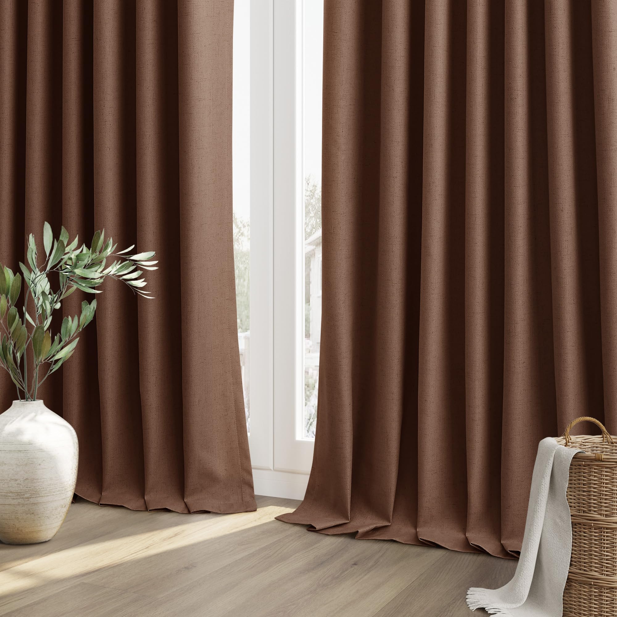 Guken 100% Blackout Curtains 72 Inch Length 2 Panels Set for Living Room Bedroom Back Tab Thermal Insulated Black Out Linen Drapes Room Darkening Window Curtains 72 Inches Long,Rustic Brown