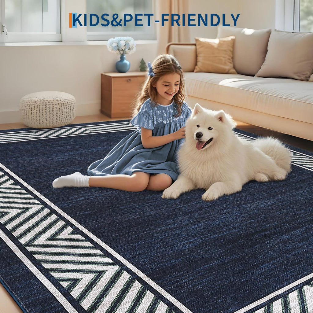 GarveeHome Bordered Bedroom Rugs 5x7 Ultra-Soft Indoor Carpet, Non-Slip Modern Geometric Living Room Rug, Stain-Resistant Neutral Accent Floor Cover for Dining Room, Nursery, Office, Navy Blue