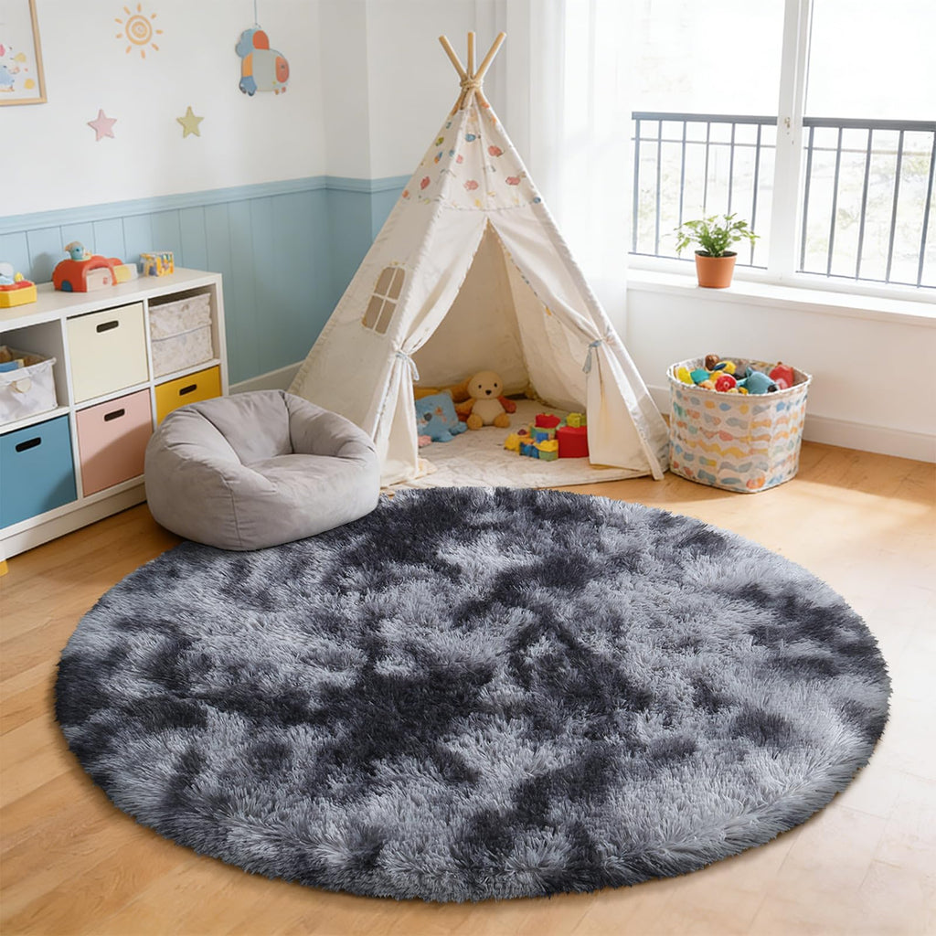 Tie-Dyed Black Fluffy Round Rug,Small Area Rugs,Shaggy Rugs 3'X3'