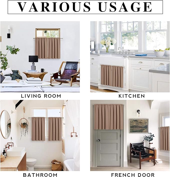 RYB HOME Cafe Blackout Curtains 24 inch Length, RV Curtains for Camper Windows, Mini Short Small Insulating Light UV Heat Blocking Privacy Half Window Tiers, Width 42 by Length 24, Mocha, 2 Panels