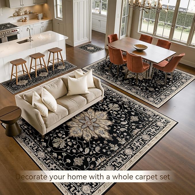 RELEANY Washable Area Rug, 5'x8', Black/Neutral