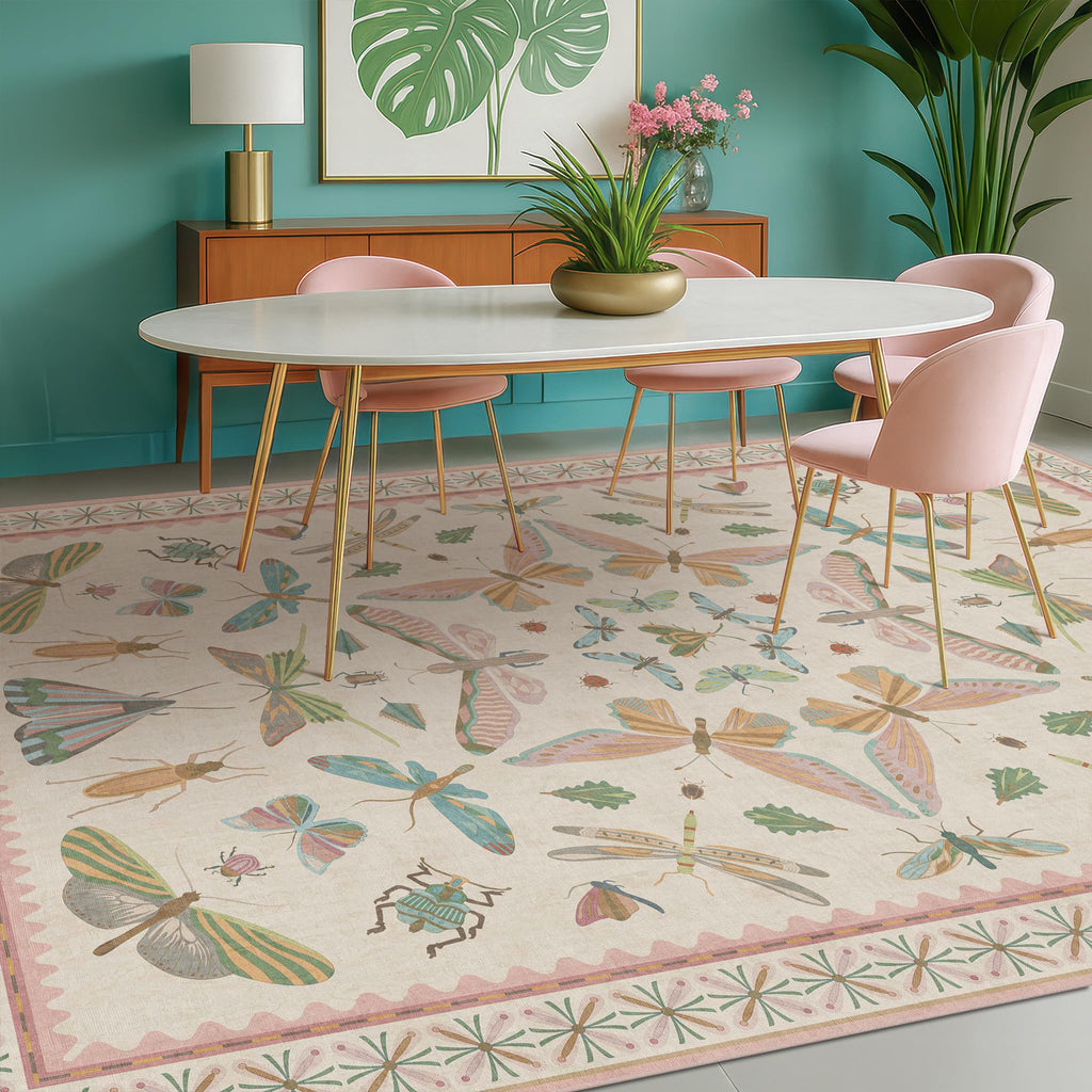 Pastel Pink Girls Rugs for Bedroom 6x8 - Washable Area Rug for Living Room, Dining Room Under Table, Boho Butterfly Cut Design, Low Pile & Soft Stain Resistant Carpet