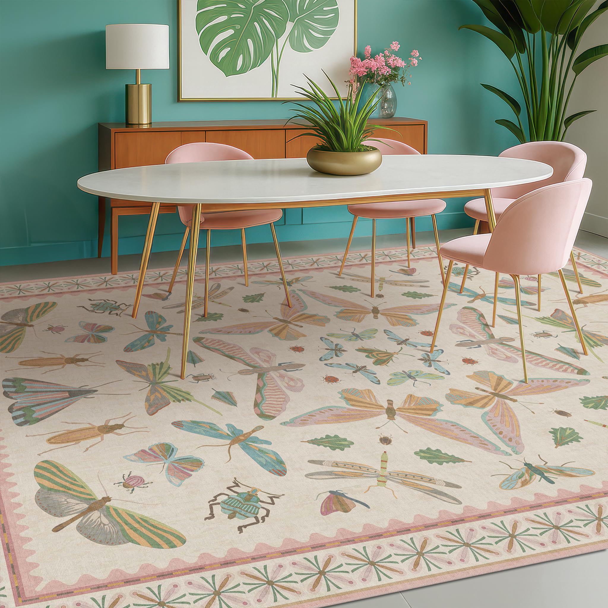 Pastel Pink Girls Rugs for Bedroom 6x8 - Washable Area Rug for Living Room, Dining Room Under Table, Boho Butterfly Cut Design, Low Pile & Soft Stain Resistant Carpet
