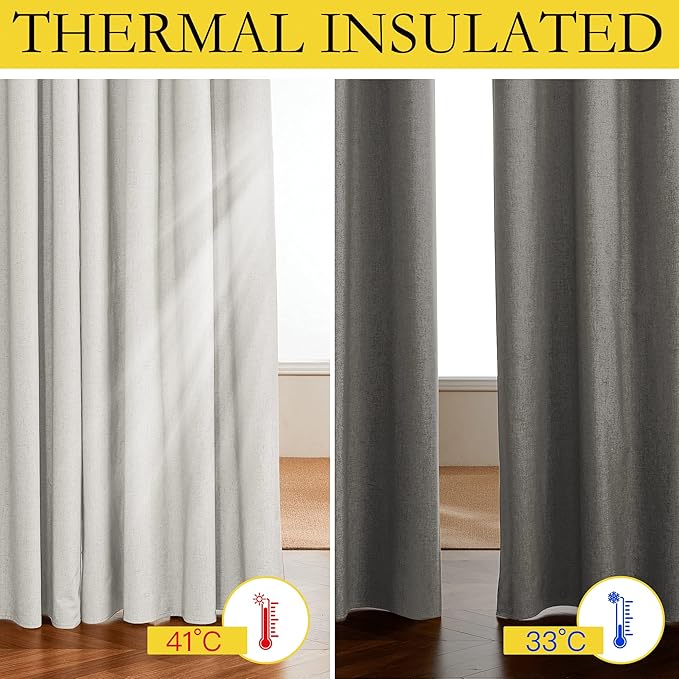 NICETOWN 100% Absolutely Blackout Linen Curtains with Thermal Insulated White Coating, Ivory, W52, 2 Pieces, Noise Reducing Textured Linen Look Curtains for Windows 95 inch Length for Classroom