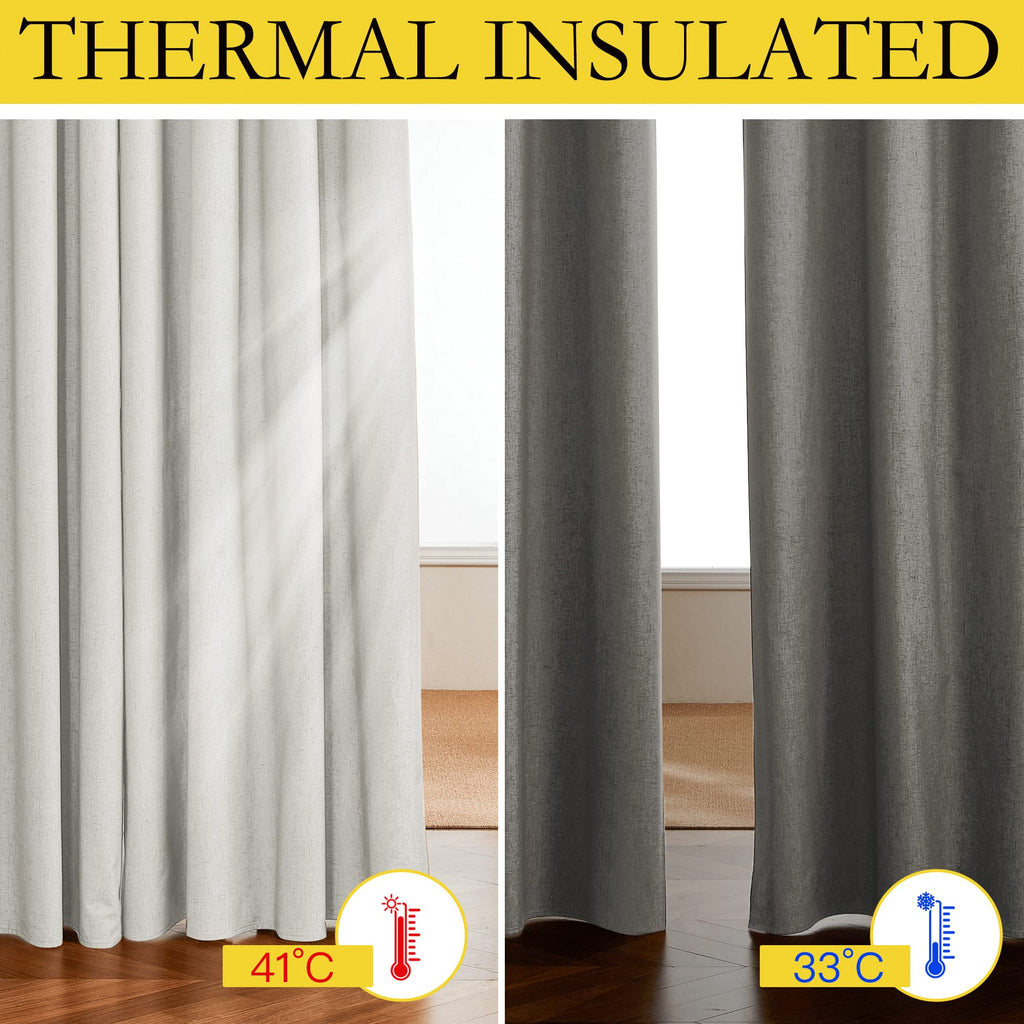 NICETOWN 100% Absolutely Blackout Linen Curtains with Thermal Insulated White Coating, Ivory, W52, 2 Pieces, Noise Reducing Textured Linen Look Curtains for Windows 95 inch Length for Classroom