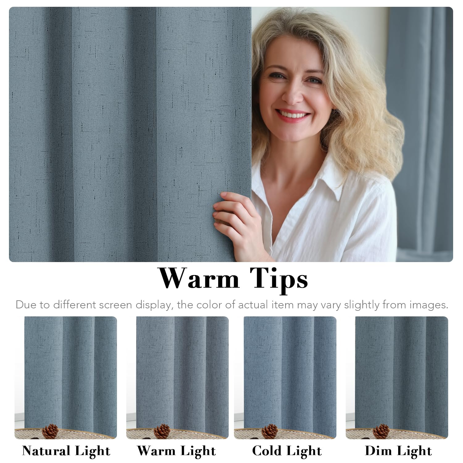 H.VERSAILTEX Primitive Linen Curtains 100% Blackout Curtain Drapes Burlap Curtains with White Thermal Insulated Liner, Grommet Top Drapes Living Room/Bedroom (2 Panels, 42 x 45 Inch, Stone Blue)