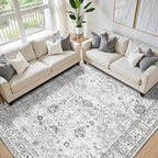 Grey White Area Rugs 10x14 Living Room, Non Slip Machine Washable Floral Rugs, Low Pile Lightweight Large Rug for Bedroom, Dining Room, Home Office(10 x 14, Grey White)