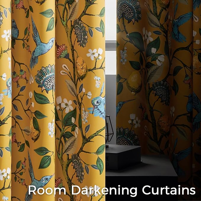 Topfinel 80 Inches Long Custom Mustard Yellow Luxury Curtains for Living Room Bedroom, Blackout Vintage Victorian Curtains Floral Lemon Hummingbird Printed Grommet Drape 80 Inch Length
