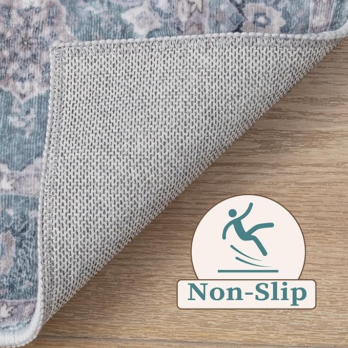 SERISSA Boho 8x10 Area Rugs Blue Grey, Washable Vintage Floral Large Living Room Rug Non-Slip, Ultra Soft Oriental Print Distressed Farmhouse Carpet for Dining Room Bedroom Dorm Office Home Decor