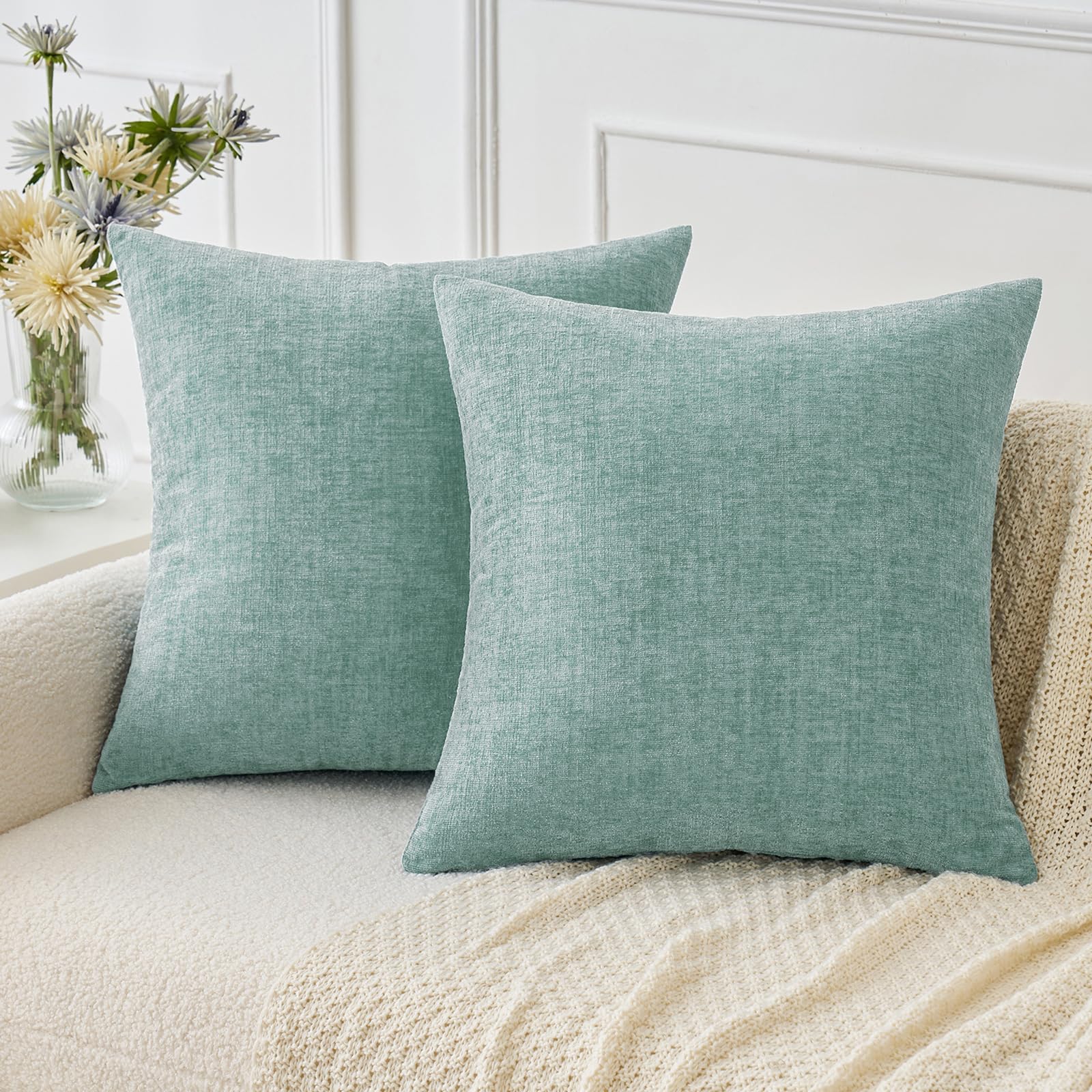 MIULEE Soft Chenille Throw Pillow Covers Aqua Green 18x18 Inch Pack of 2