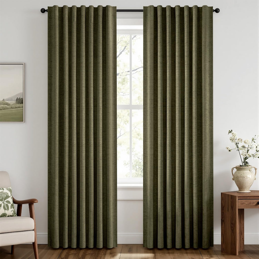 MIULEE 100% Blackout Linen Curtains 42 x 84 Inch Light Olive Green 2 Panels