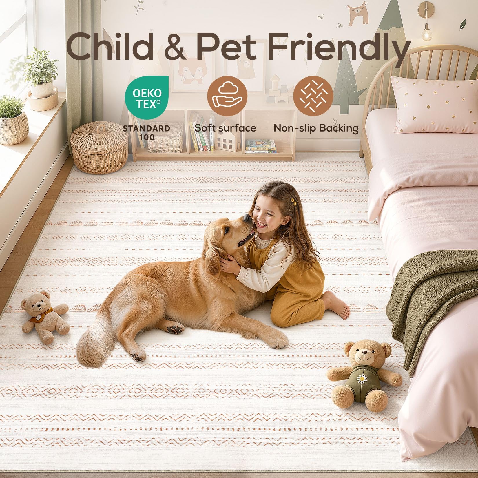 Nakagishi 7x10 Area Rug Living Room: Washable Boho Large Neutral Soft Farmhouse Modern Rugs Stain Resistant Moroccan Non-Slip Indoor Floor Carpet for Bedroom Nursery Kids Playroom Office Dining Room