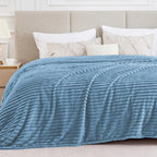 BEDELITE Blankets Queen Size for Bed, 300GSM Soft & Warm Fleece Blanket, Decorative and Giftable Striped Light Blue Blankets for Women, Men, 90"x90"