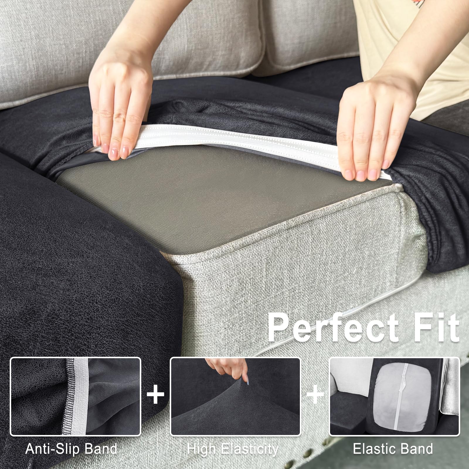ANARACHON Leather Look Couch Cushion Covers Sofa Seat Slipcovers Sets Couches Furniture Protector for Sectional Armchair Loveseat Pets Kids Stretch Spandex Fabric (3 Cushion XL Sofa, Dark Grey)