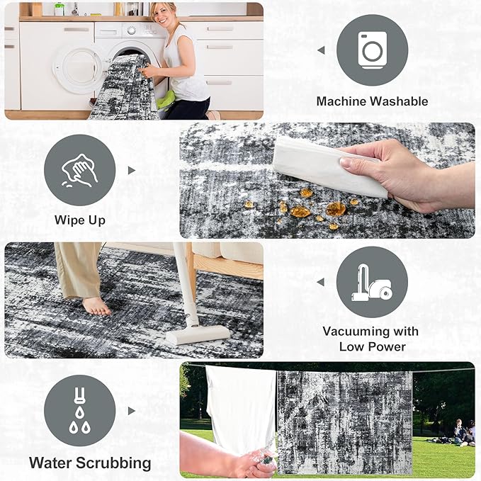 Area Rugs Living Room Rug - 4x6 Washable Modern Abstract Soft Neutral Non-Slip Carpet Large Indoor Floor Thin Carpets for Bedroom Dining Room Farmhouse Nursery Home Office Black