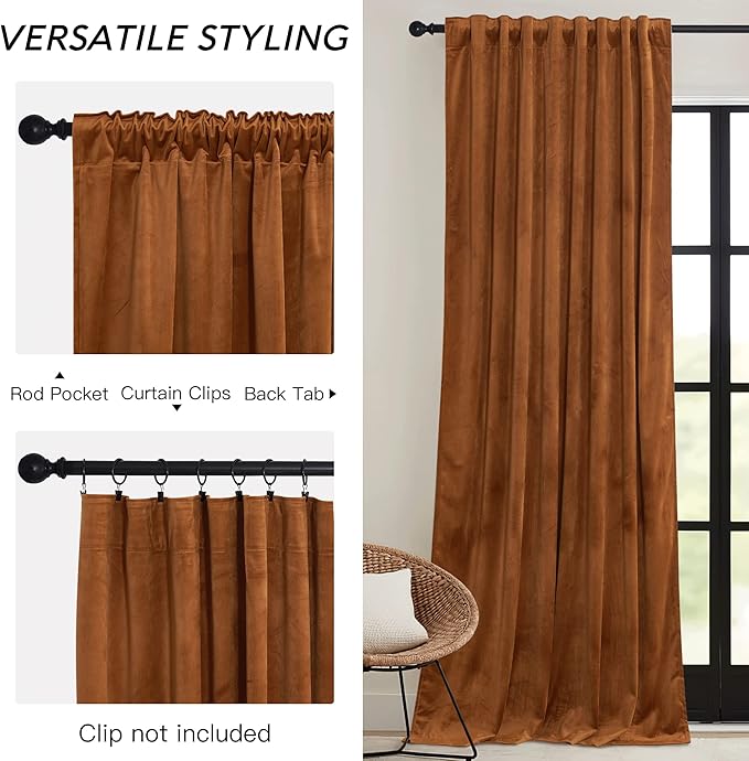 RYB HOME Orange Velvet Curtains 72 inches with Hook Belt, Back Tab