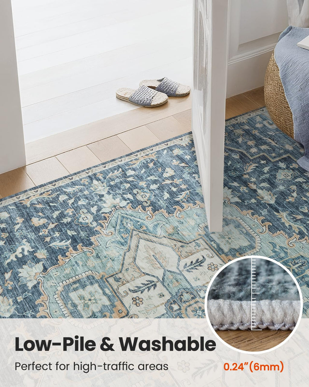 AMADA HOMEFURNISHING 2'6"x10' Washable Area Rug, Low-Profile Entryway Rug with Non-Slip Backing & Durable Edge Binding, Vintage Rug Pattern, Small Rugs for Entryway, Kitchen & Living Room