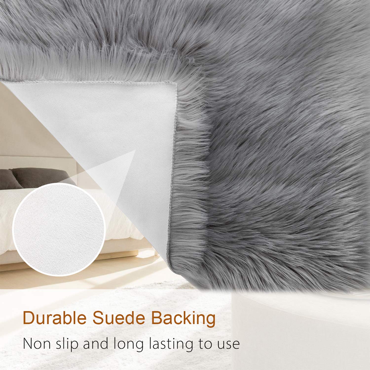 LOCHAS Soft Fluffy Faux Fur Rugs for Bedroom Bedside Rug 2x4 Feet, Grey