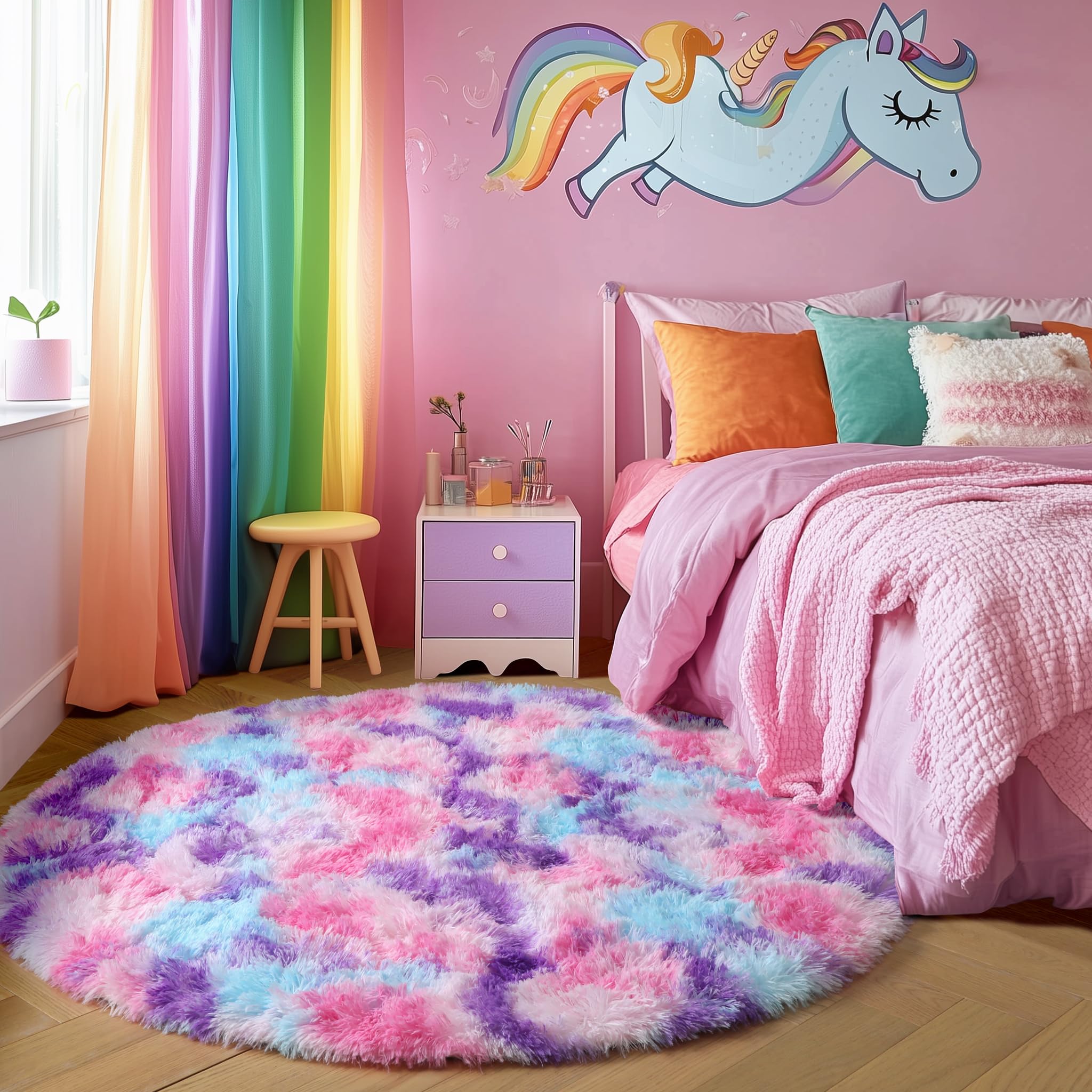 Amdrebio Pink Blue Purple Fluffy Large Round Rug 6Ft for Girls Kids Bedroom
