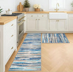 Lansny Modern Abstract Kitchen Rug Set of 2, 2x3 and 2x6 Blue Washable Rug Runner Non Slip Kitchen Mat, Soft Faux Wool Throw Carpet for Entryway, Hallway, Bedroom, Bedside, Laundry Room, Office