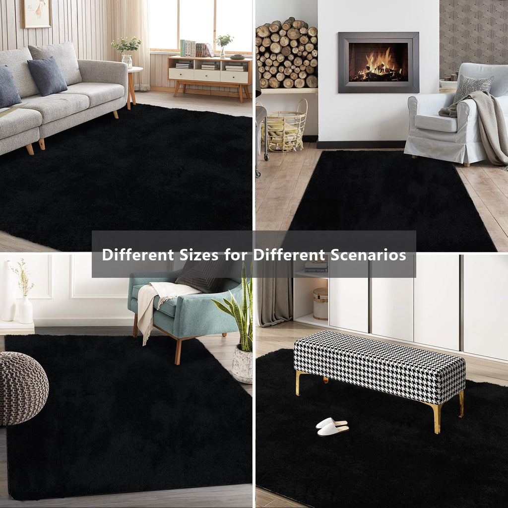 10X14 Large Shag Area Rugs for Living Room Bedroom,Big Soft Black Fluffy Rug for Bedroom Dorm,Indoor Carpet Plush Rugs for Living Room Home Decor,Black