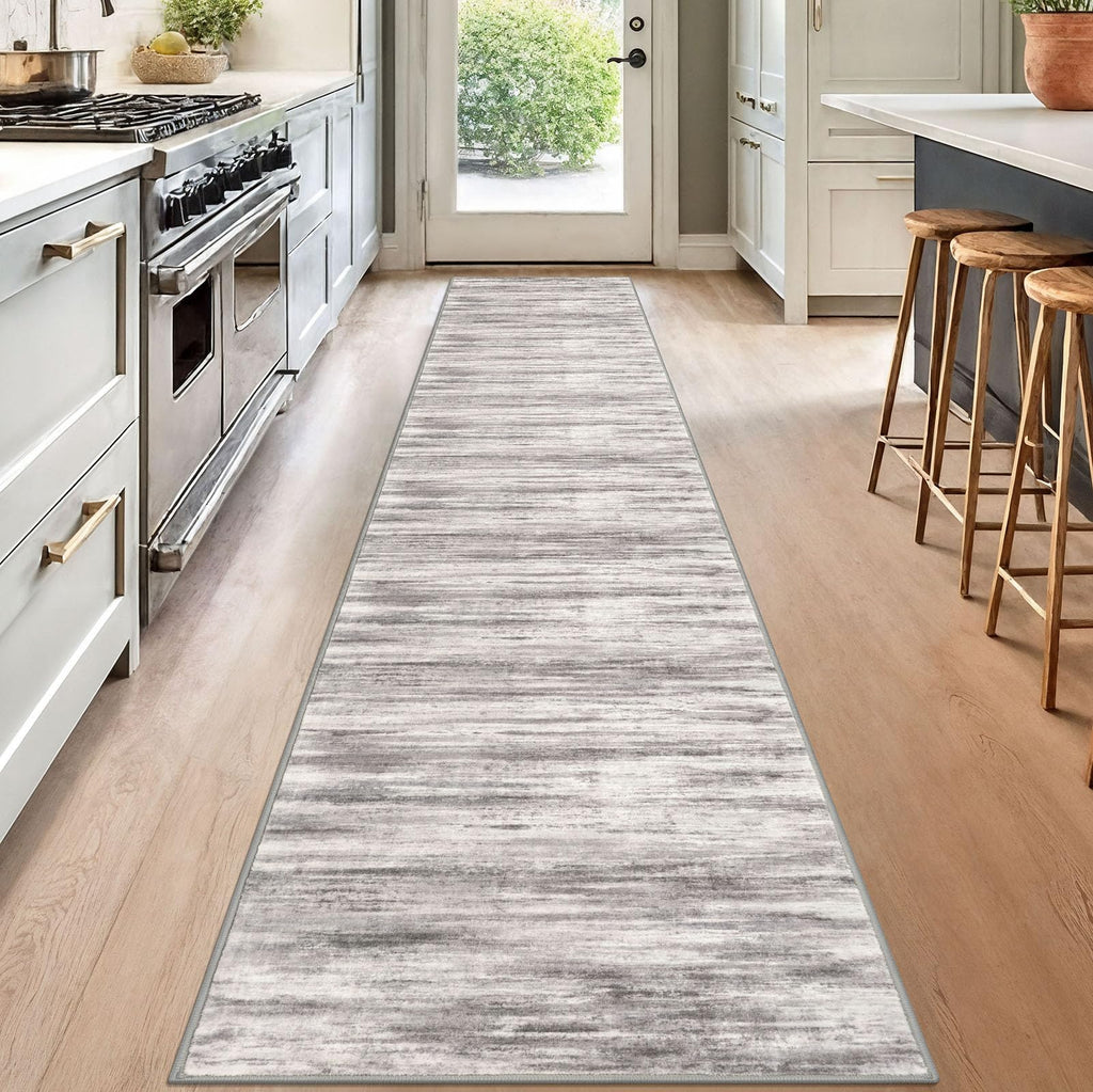 KOZYFLY Modern Abstract Hallway Runner, 2x12 Washable Rug Runner Non-Slip Soft Striped Kitchen Runner Rug, Grey/Light Beige/Brown Print Carpet for Entryway Bathroom