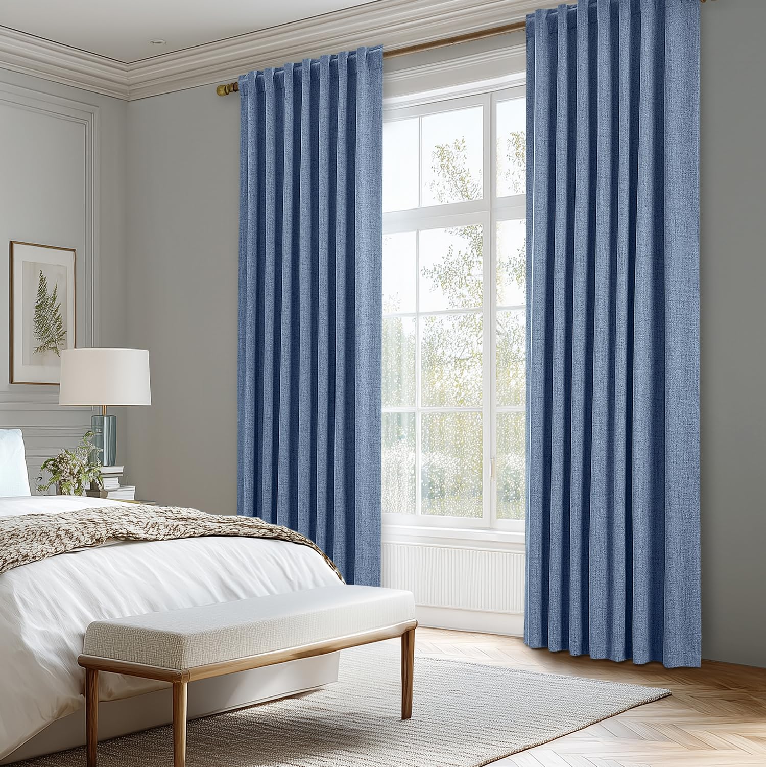 MIULEE 100% Blackout Linen Curtains for Bedroom 42 x 63 Inch Blue 2 Panels