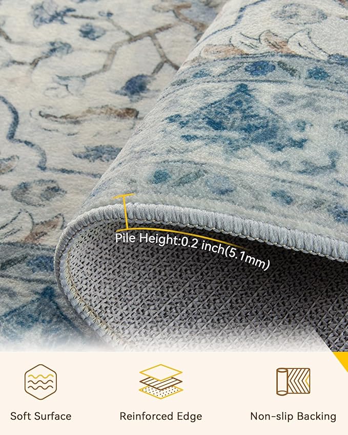 RELEANY Washable Area Rug, Runner 3'x7', Blue/White/Gray