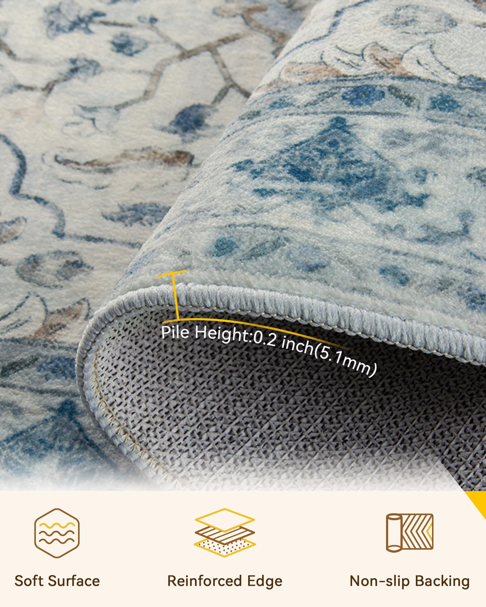 RELEANY Washable Area Rug, 6'x9', Blue/White/Gray