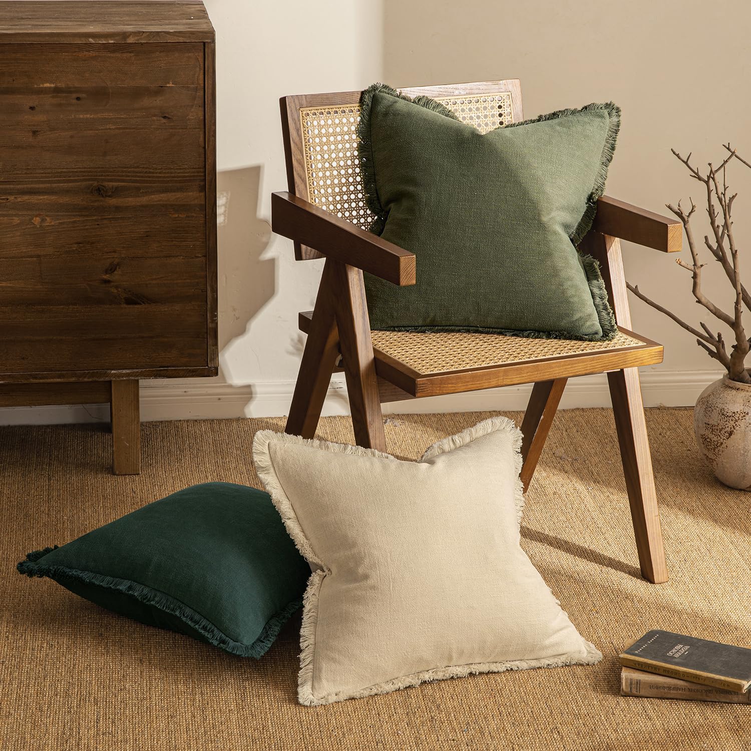 MIULEE Boho Linen Decorative Lumbar Throw Pillow Covers Olive Green 12x20