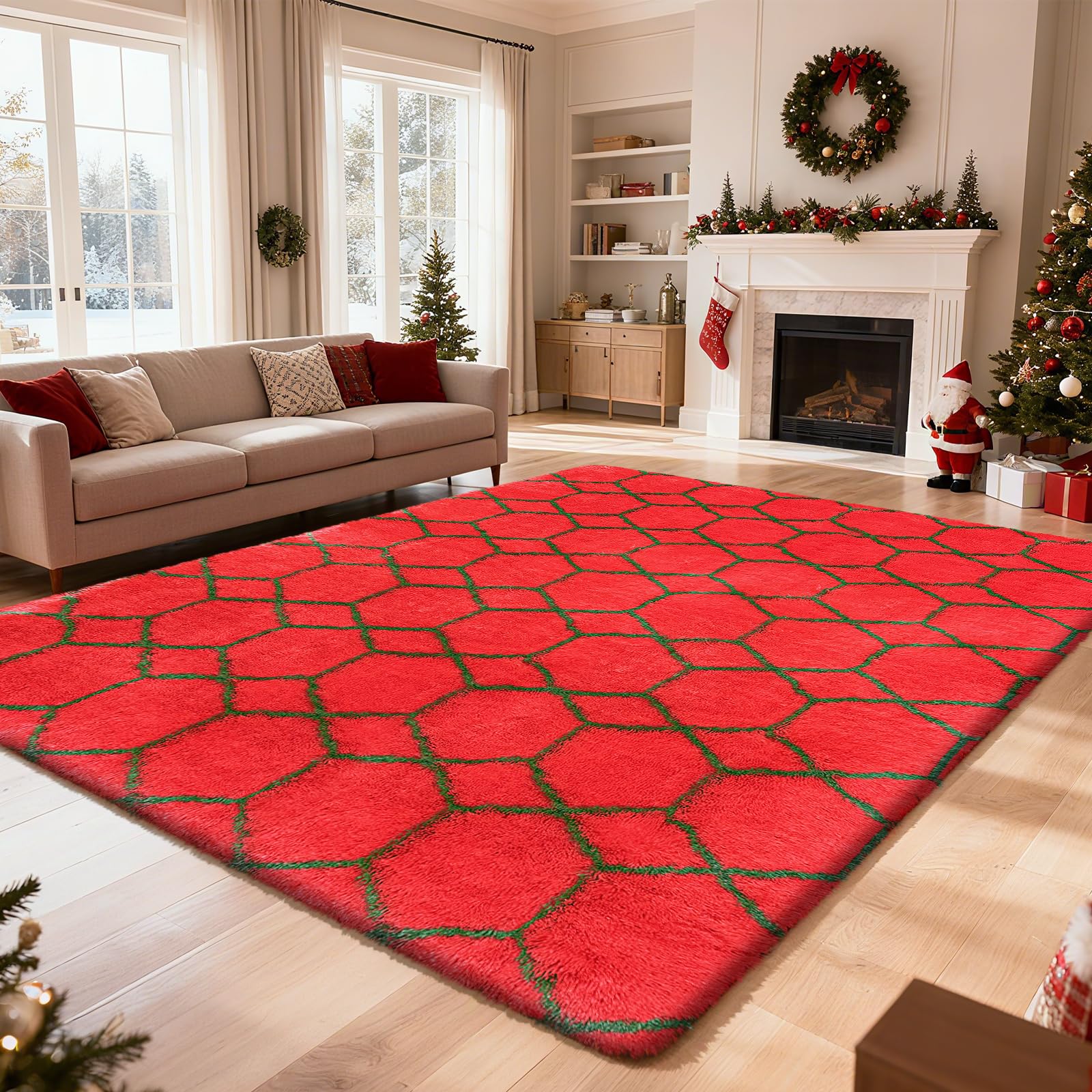 5x8 Shag Area Rug for Bedroom,Red and Green Fluffy Rugs for Living Room