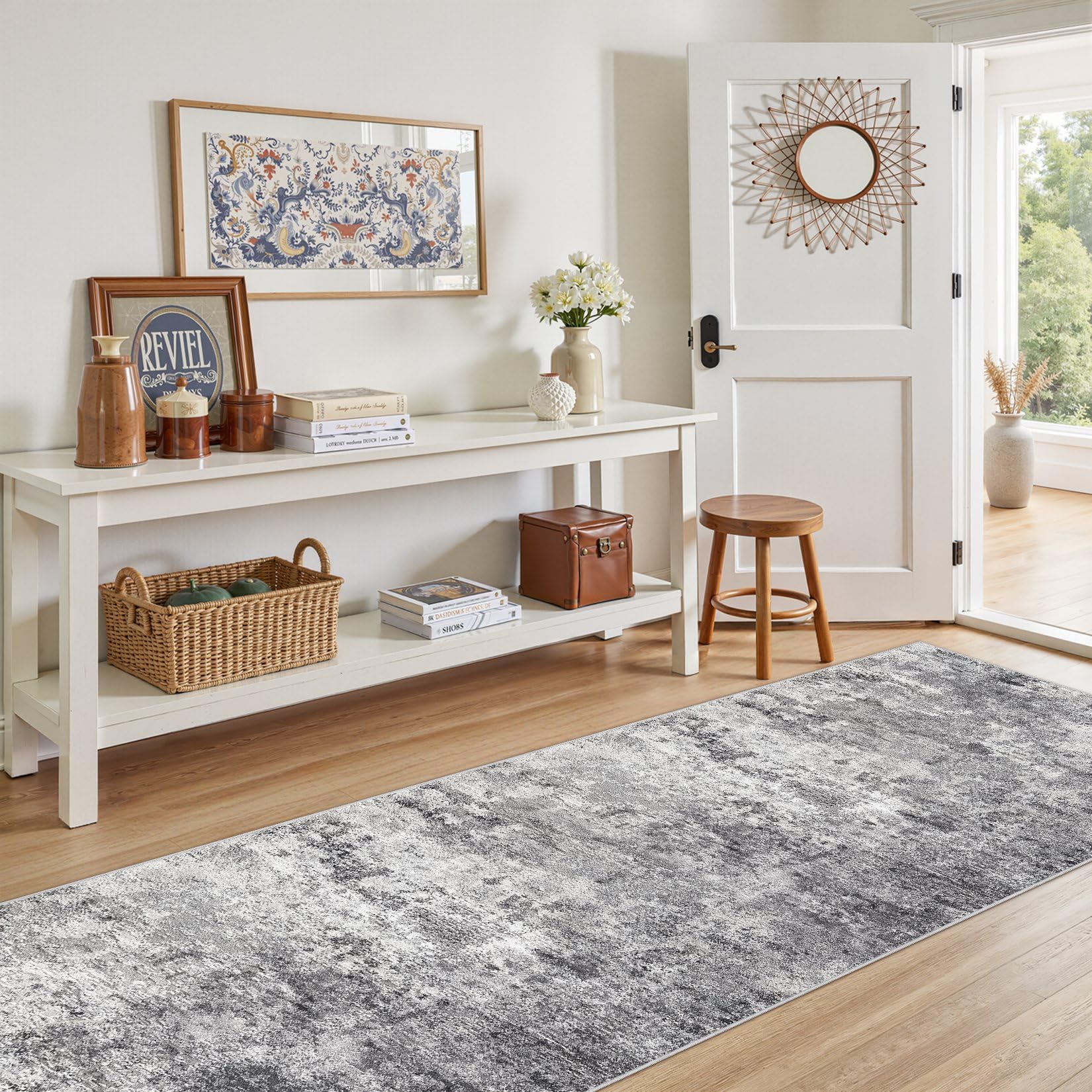 UERMEI 3x8 Washable Runner Rug for Hallway, Non Slip Low Pile Kitchen Carpet, Neutral Modern Abstract Indoor Floor Mat for Entryway Laundry, Kid & Pet Safe High Traffic Area, Grey